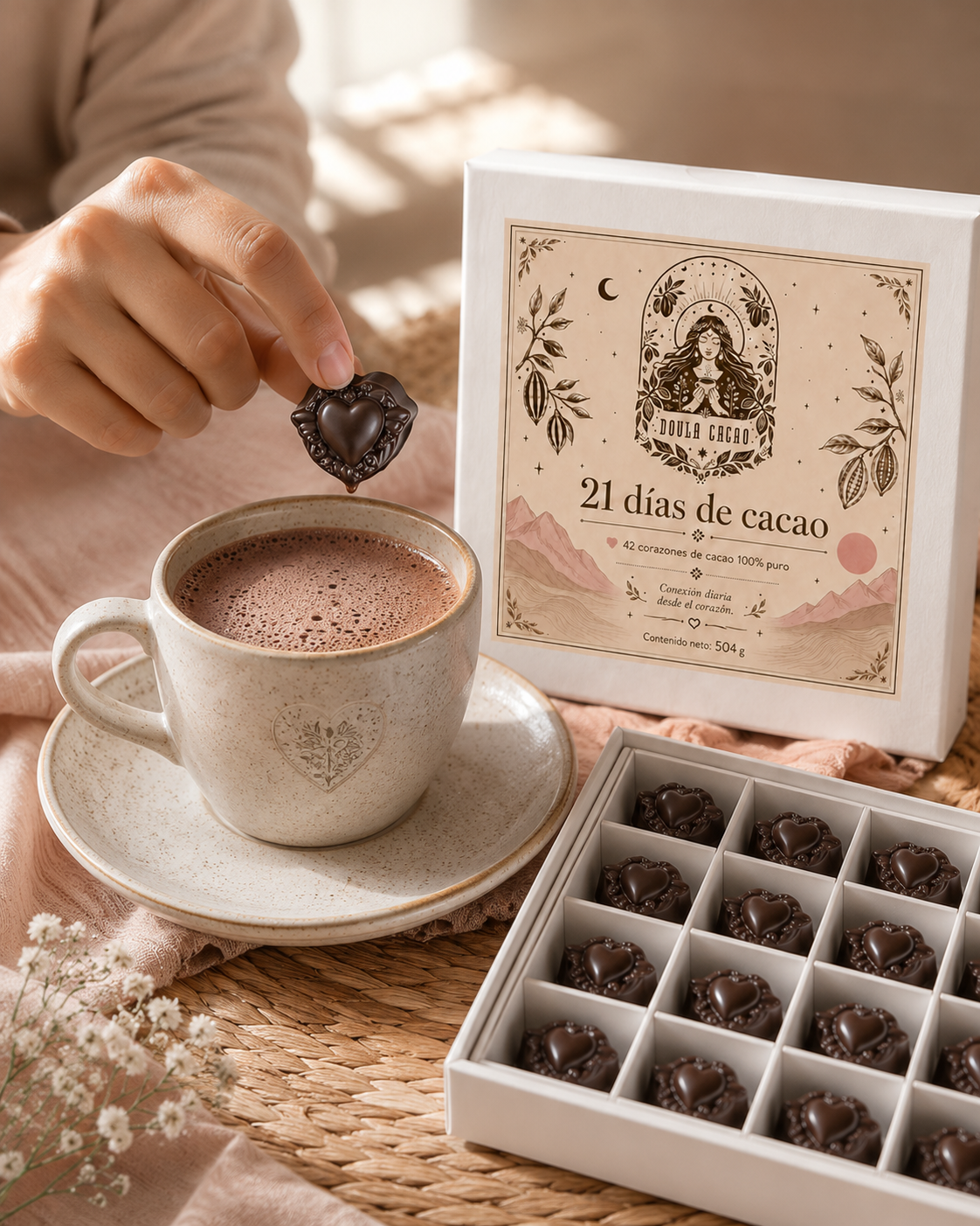 Mano sosteniendo un corazón de cacao junto a una taza