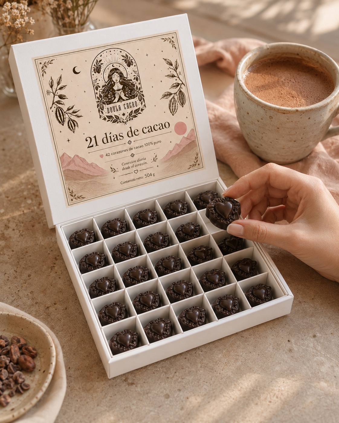 Caja de 21 días de cacao abierta con 42 corazones de cacao